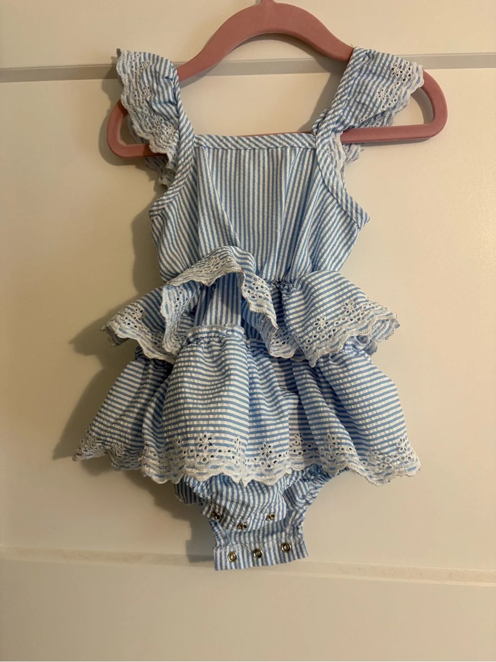 Rachel Zoe Light Blue and White Striped Ruffle One-Piece